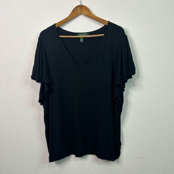 Lauren Ralph Lauren Black Rayon Flutter Sleeve V-Neck Knit Blouse Women’s 2X - Picture 1 of 9